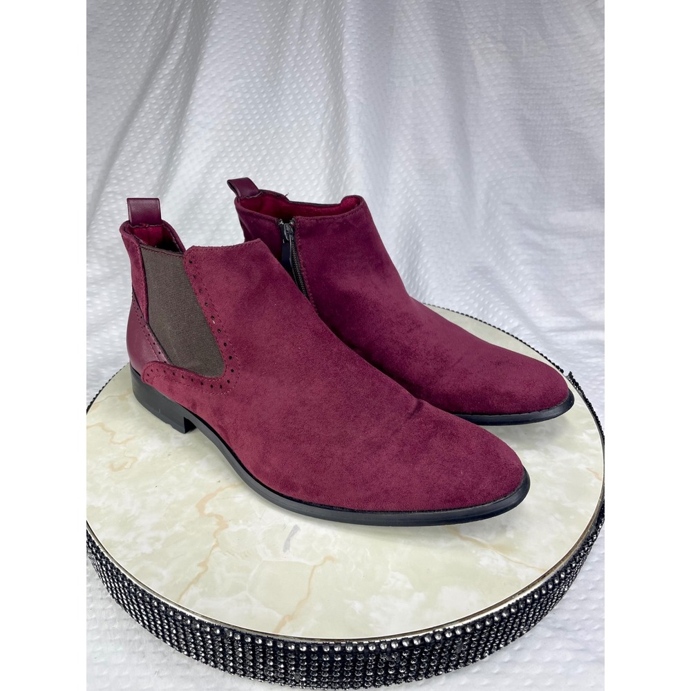 Tayno Faux Suede Brogue Chelsea Boots Mens 8 Burgundy Side Zip Wingtip Academia